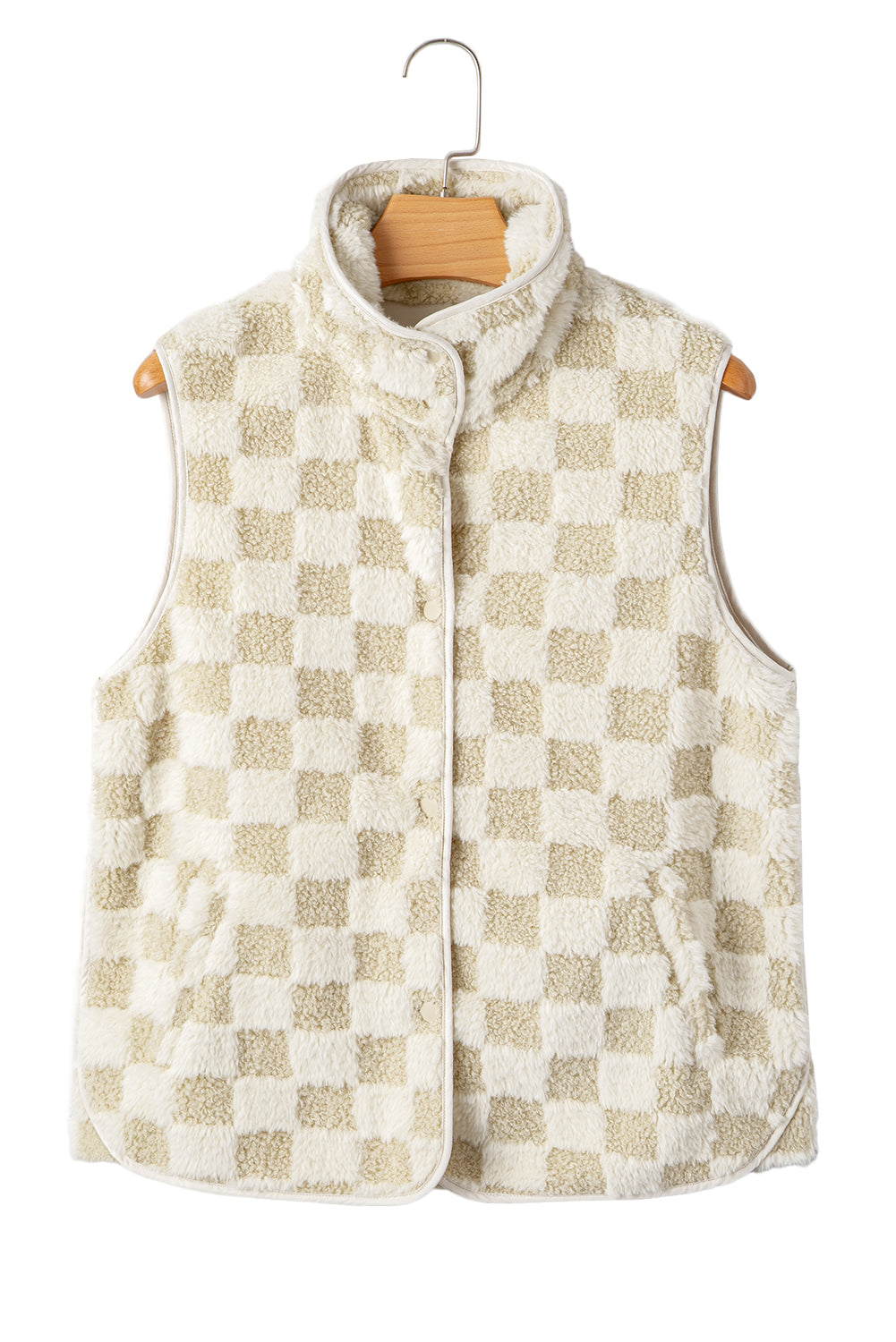 Khaki Sherpa Checkerboard Snap Button Vest Jacket