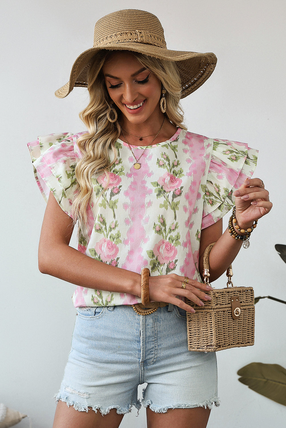 Pink Floral Print Layered Ruffle Sleeve Summer Top