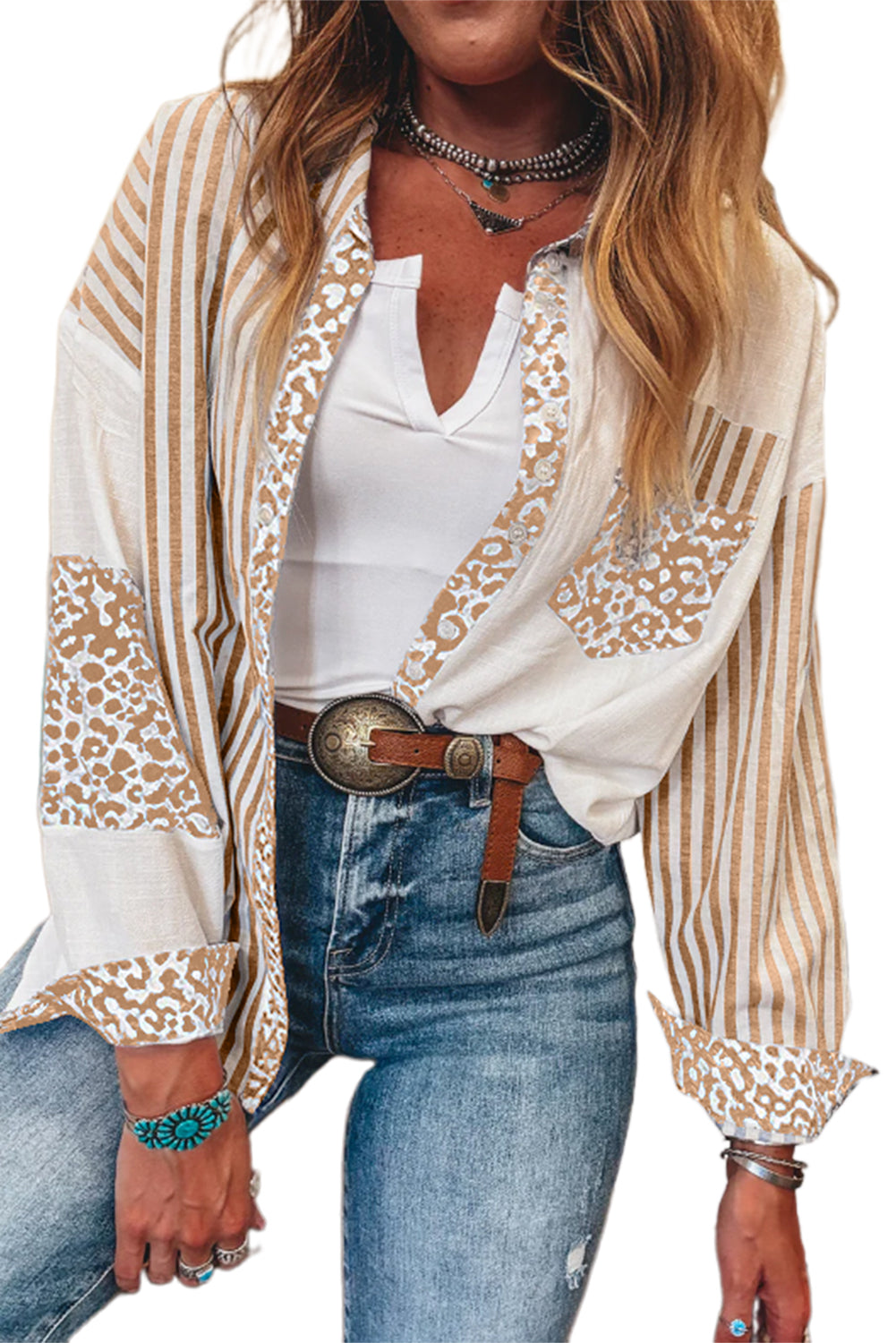 Khaki Leopard Striped Patchwork Button-up Shirt
