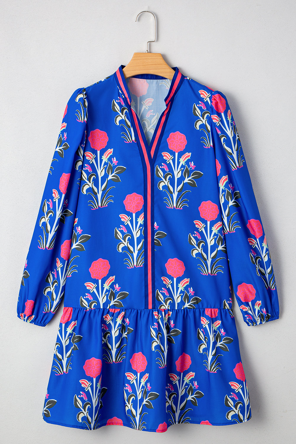 Sky Blue Floral Print Pop of Color V Neck Mini Dress