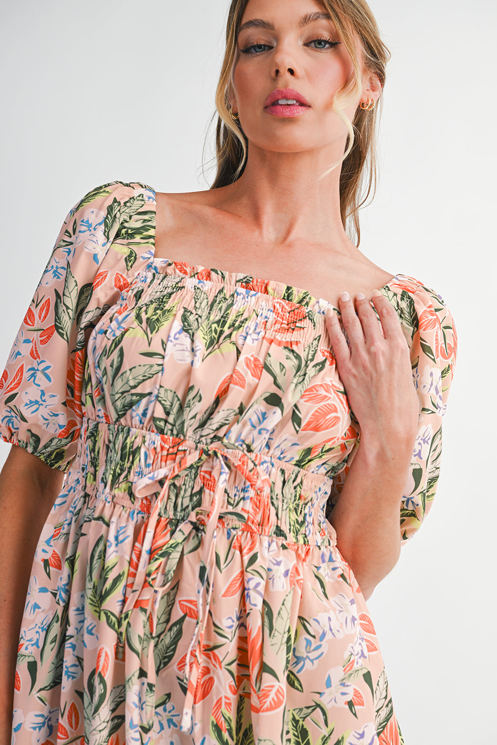 Apricot Pink Floral Knot Front Smocked Bubble Sleeve Dress