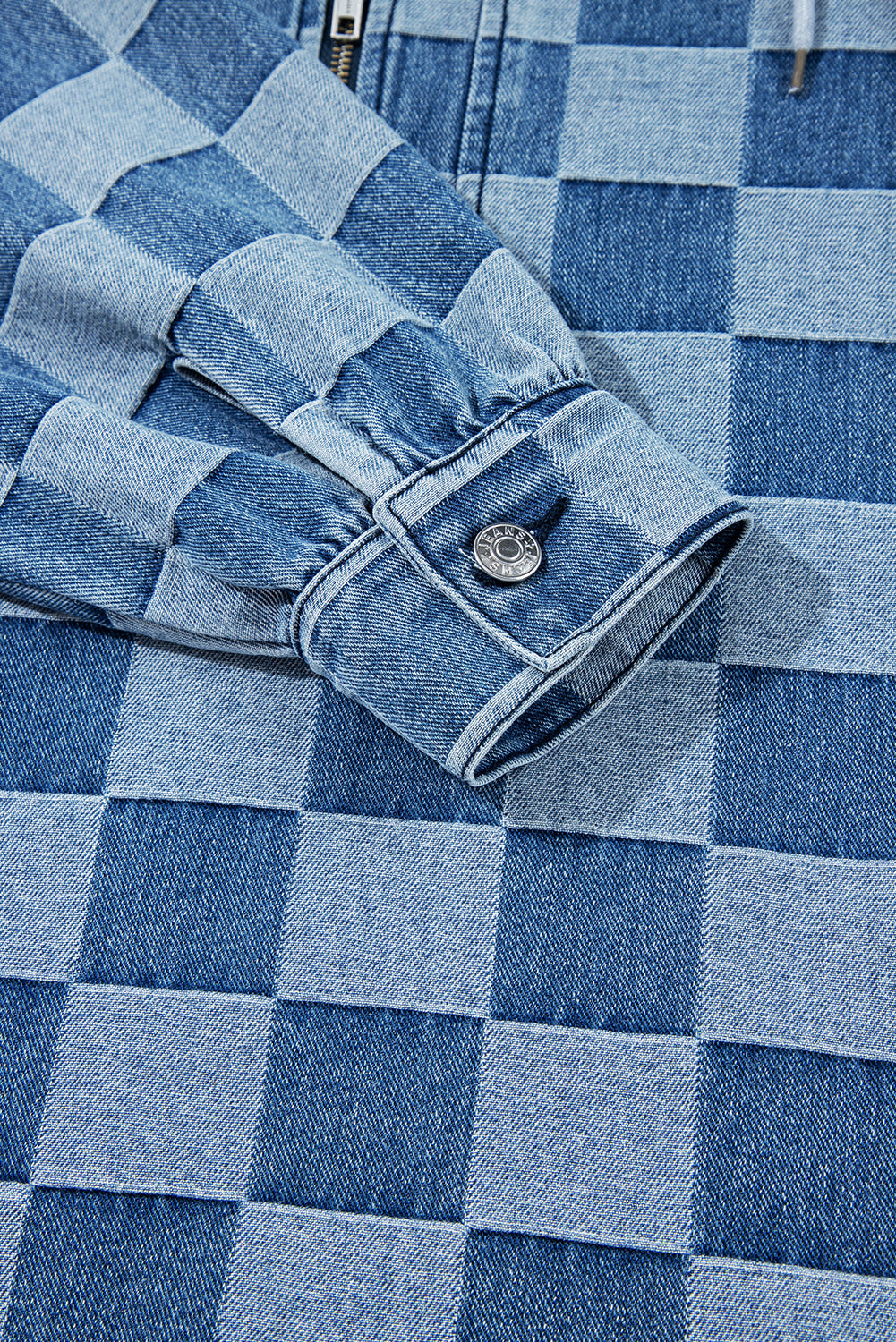 Sky Blue Checkerboard Zipped Collar Kangaroo Pocket Denim Hoodie