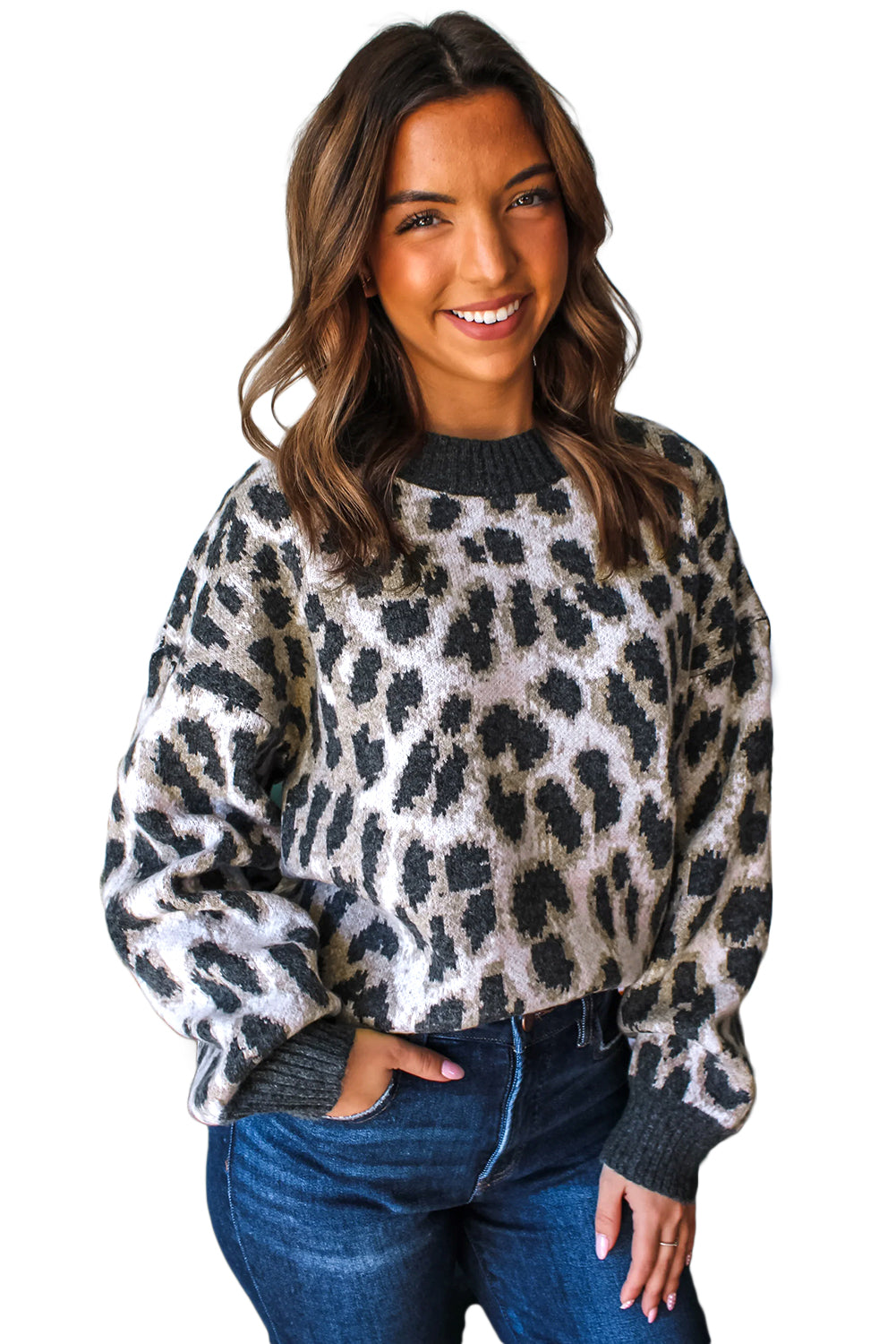 Carbon Grey Leopard Pattern Contrast Trim Round Neck Sweater
