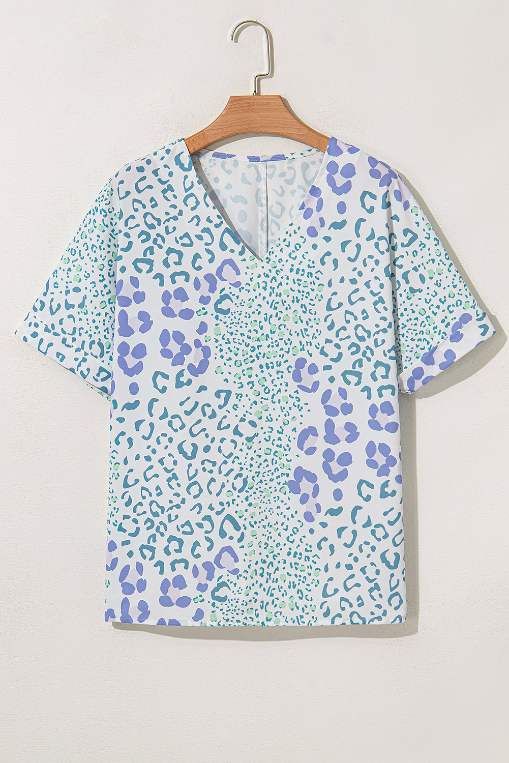 Sky Blue Leopard Print V Neck Short Sleeve Blouse