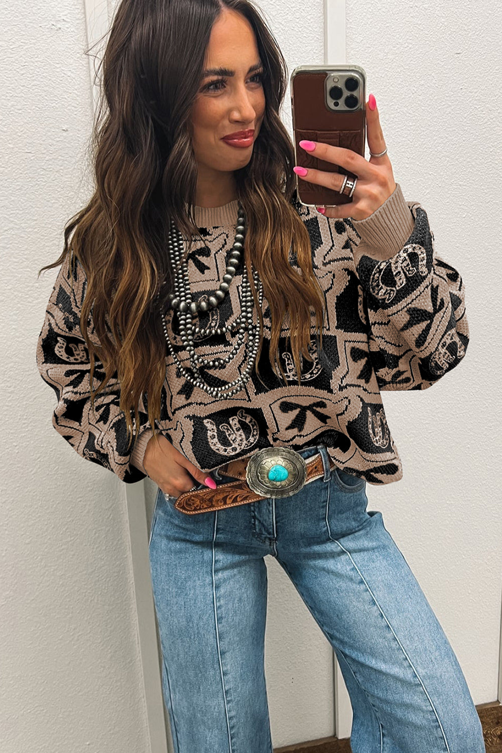 Black Colorblock Bow Pattern Drop Sleeve Sweater