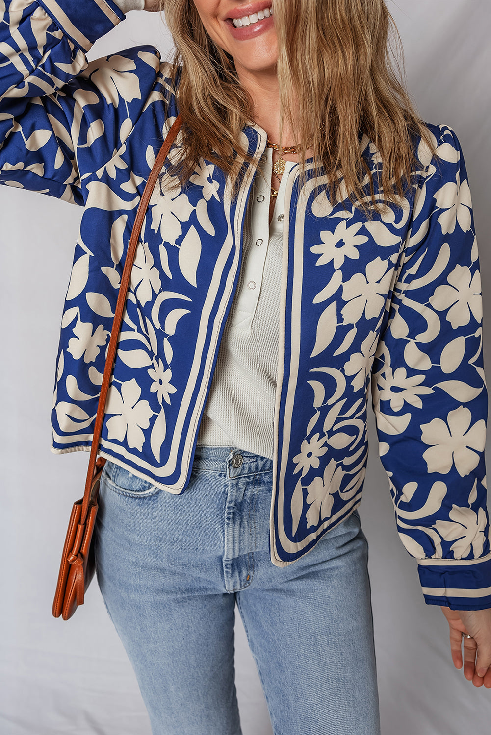 Blue Flower Print Open Front Buttoned Cuffs Jacket