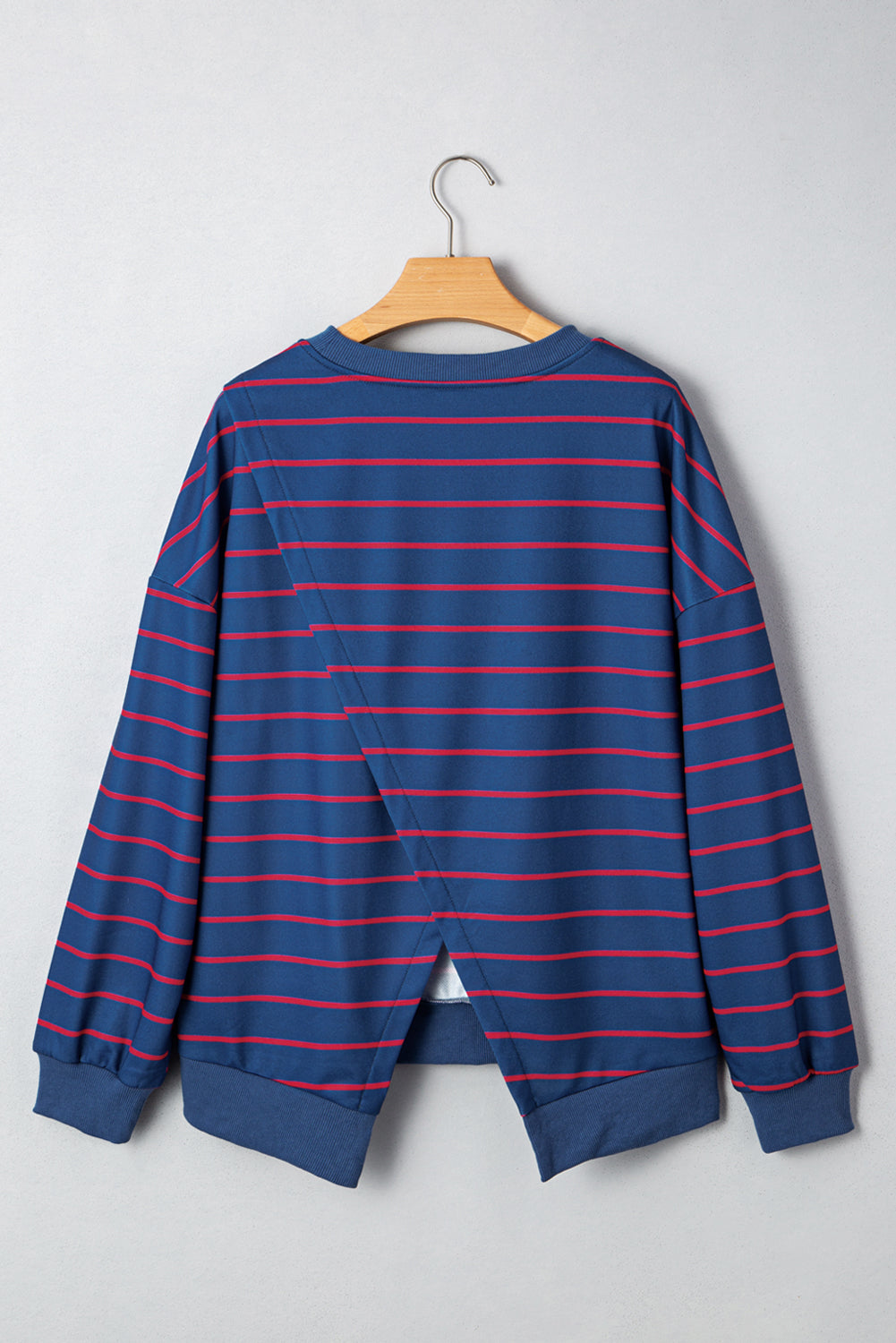 Blue Striped Overlap Detail Drop Shoulder Pullover Sweatshirt