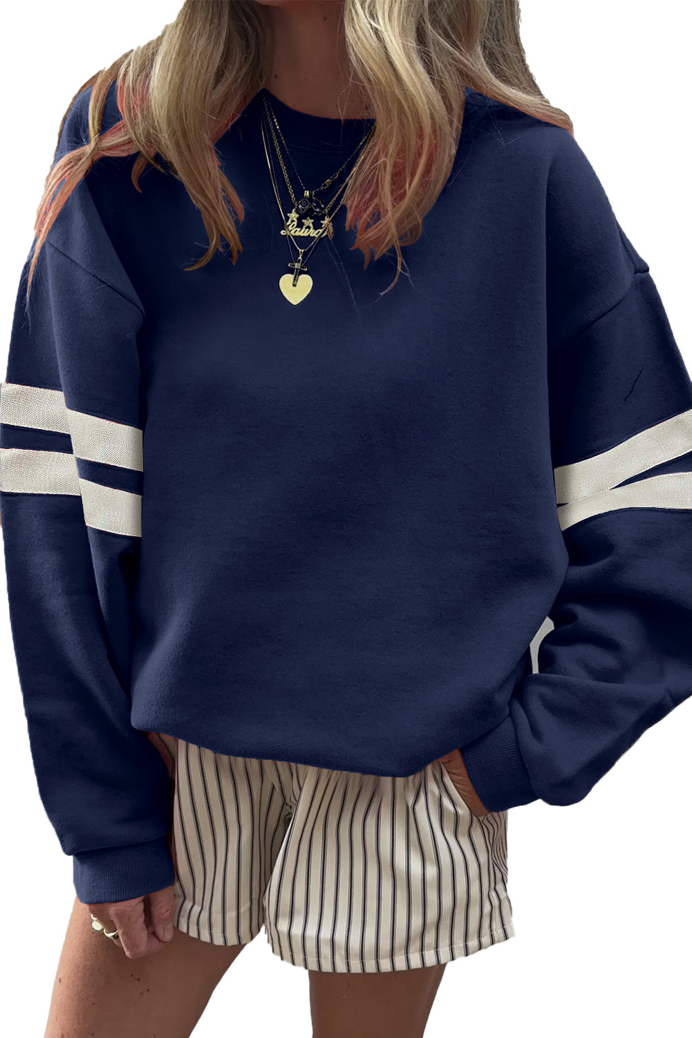 Navy Blue Preppy Striped Sleeve Loose Sweatshirt