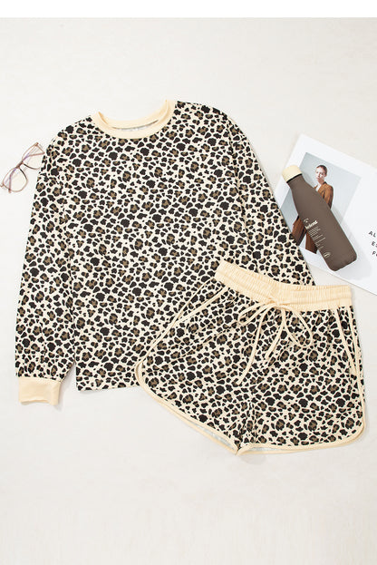 Brown Leopard Print Contrast Trim Two Piece Shorts Set