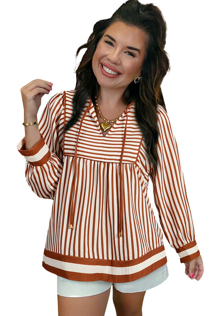 Brown Striped Drawstring V Neck Blouse