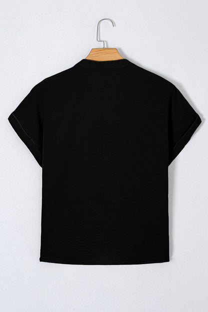 Black Notched Neck Batwing Sleeve Blouse