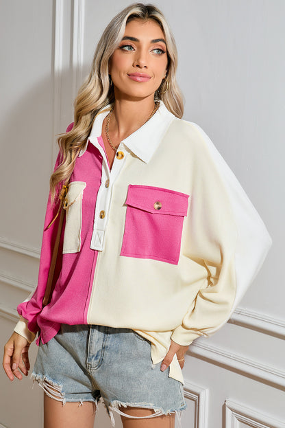 Rose Red Colorblock Patchwork Ribbed Oversized Henley Sweatshirt