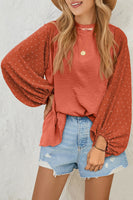 Russet Orange Swiss Dot Balloon Sleeve Patchwork Crinkle Blouse