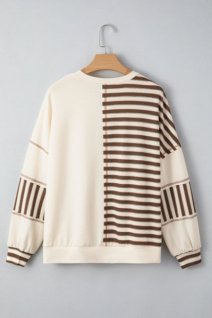 Khaki Striped Patchwork Oversized Pullover Top