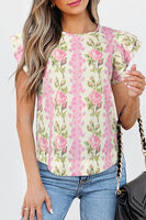 Pink Floral Print Layered Ruffle Sleeve Summer Top