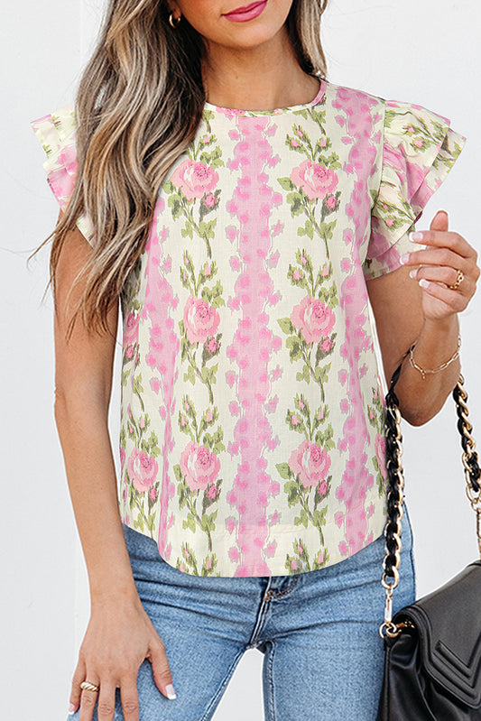 Pink Floral Print Layered Ruffle Sleeve Summer Top