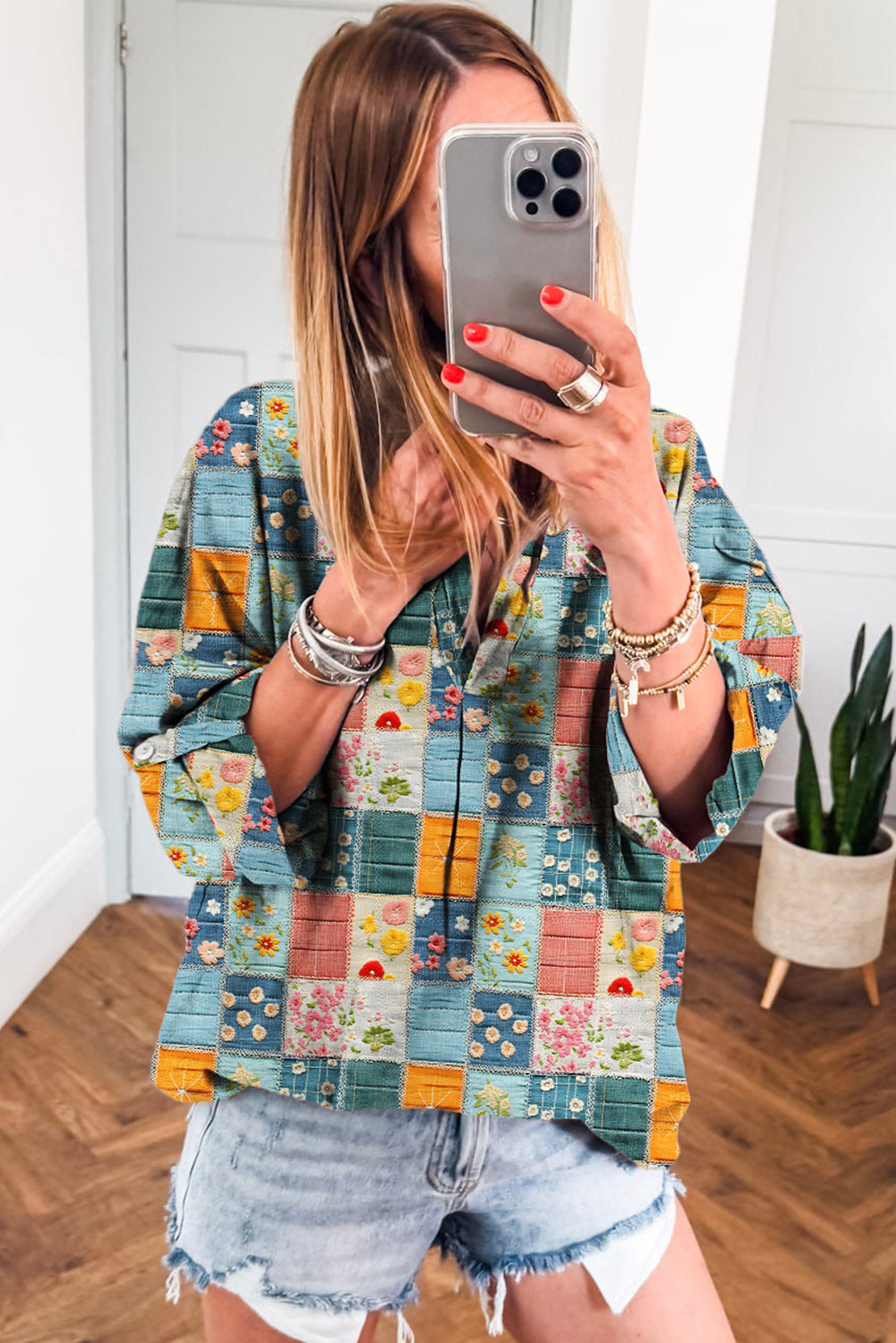 Sky Blue Floral Patchwork Collared V Neck Blouse