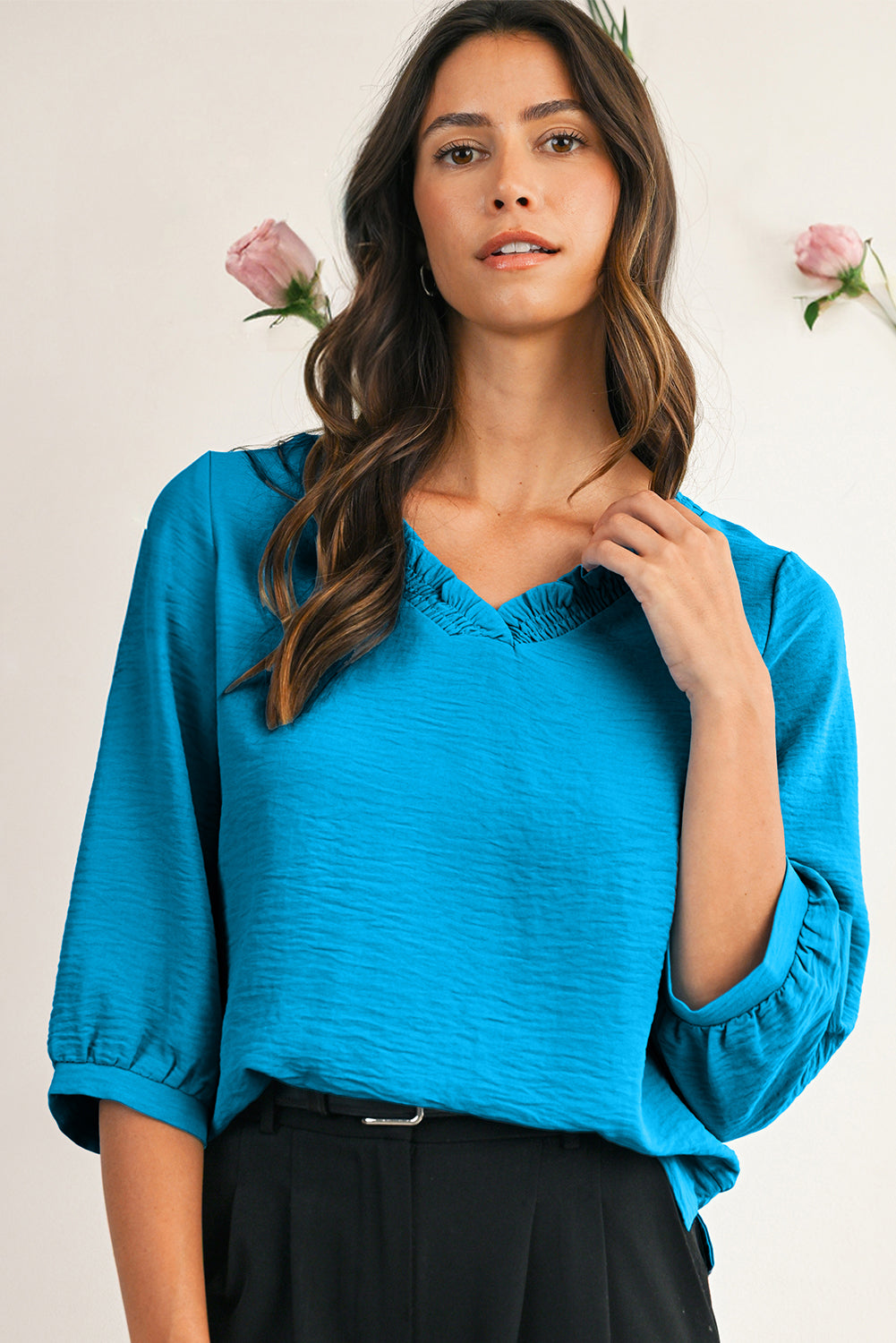 Sky Blue Frill V Neckline Puff Sleeve Crinkled Blouse