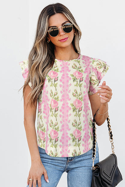 Pink Floral Print Layered Ruffle Sleeve Summer Top