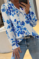 Blue Floral Long Sleeve Lace-up V Neck Blouse