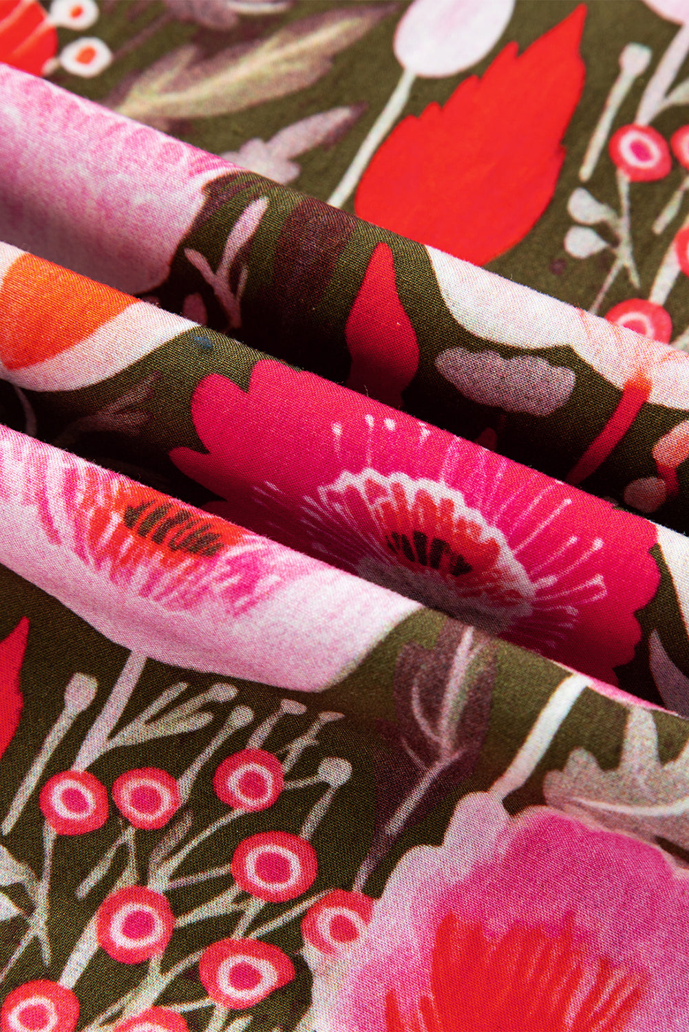 Red Floral 3/4 Sleeve Lace-up Neck Blouse