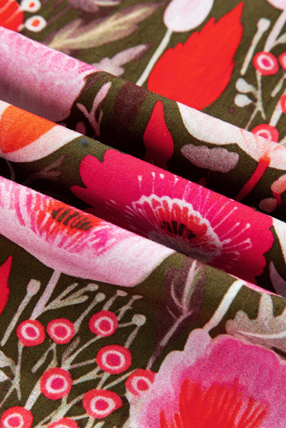 Red Floral 3/4 Sleeve Lace-up Neck Blouse