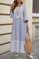 Sky Blue Stripe Patchwork Lace Detail Bracelet Sleeve Maxi Dress