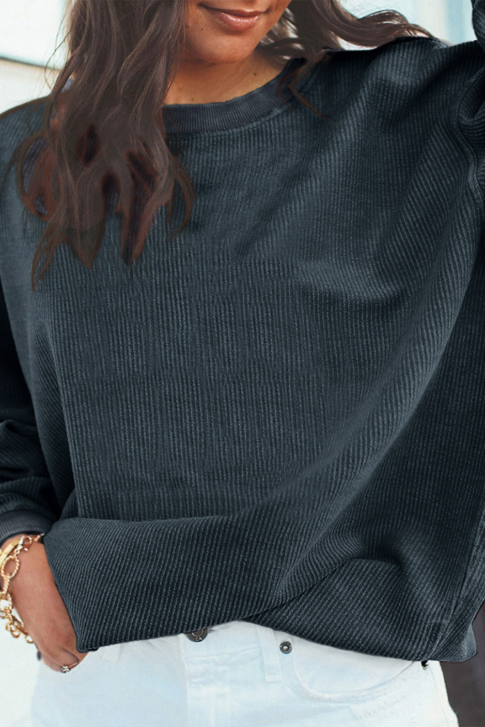 Dark Grey Drop Sleeve Rib Knit Oversized Sweatshirt