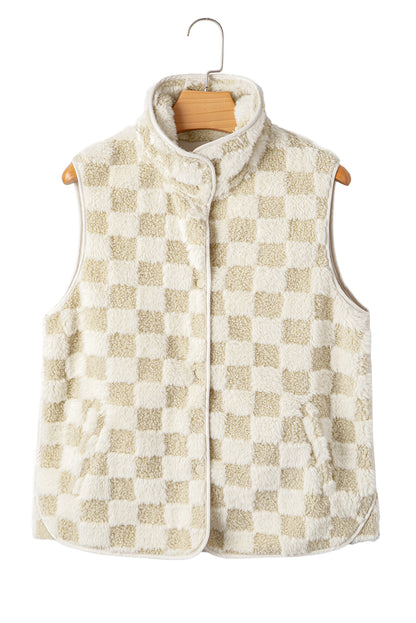 Khaki Sherpa Checkerboard Snap Button Vest Jacket