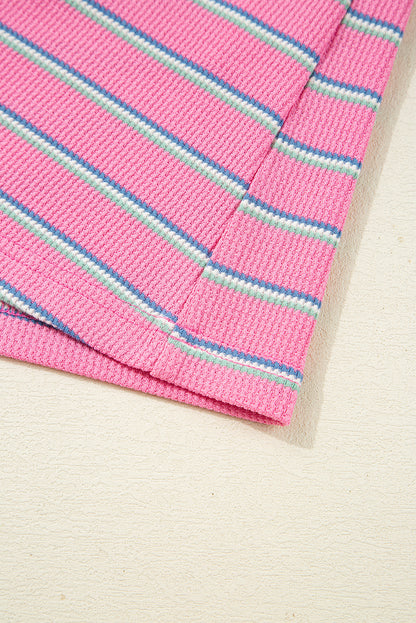 Rose Striped Textured Knit Puff Sleeve Round Neck Top