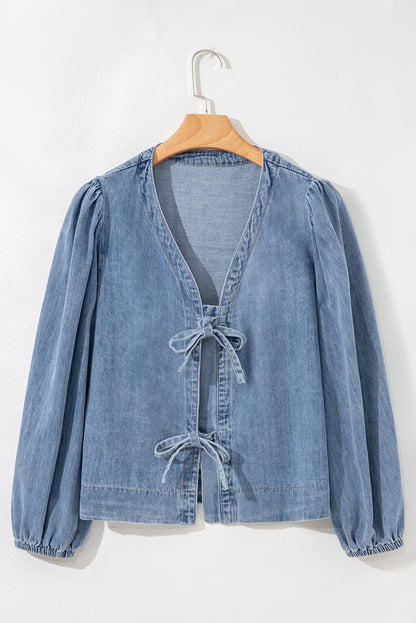 Dusk Blue Bow Tie Front Puff Sleeve Denim Top