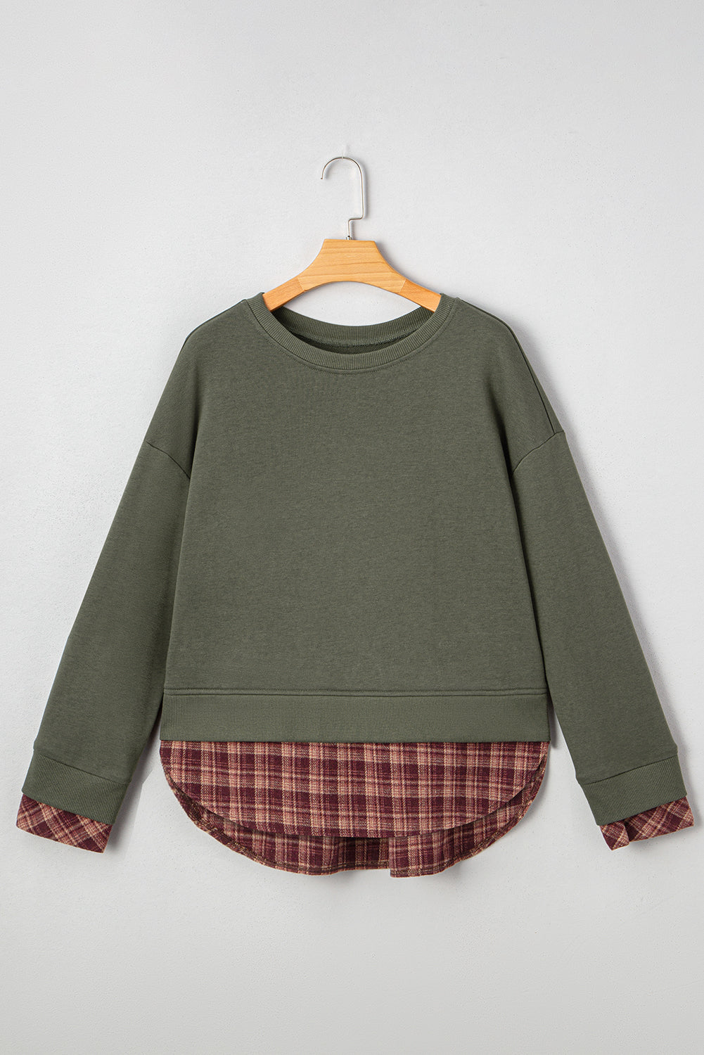 Moss Green Vintage Plaid Patchwork Drop Shoulder Sweatshirt