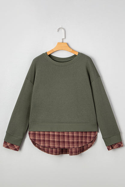Moss Green Vintage Plaid Patchwork Drop Shoulder Sweatshirt