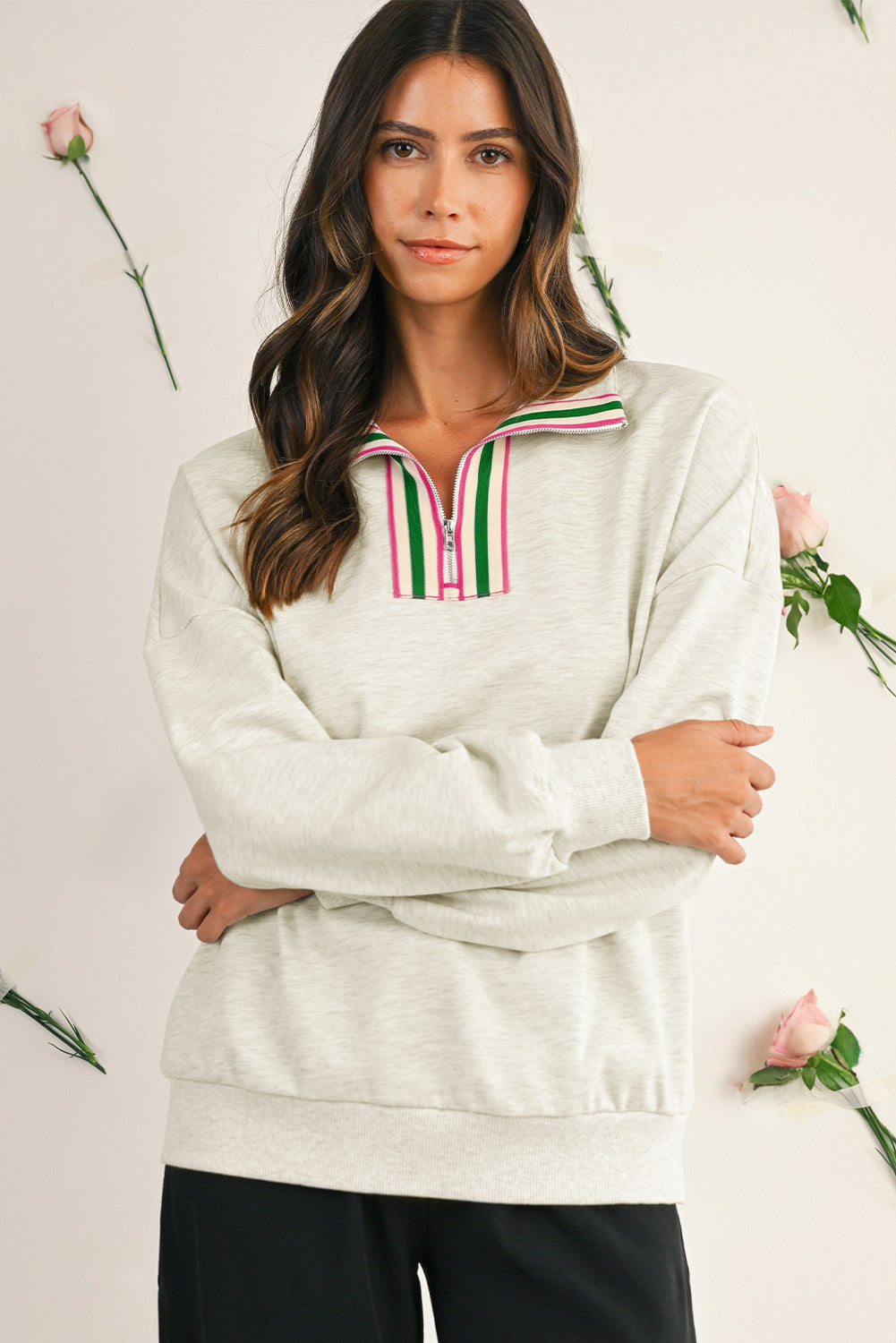 Light Grey Pop of Color Collared Patchwork Pullover Sweatshirt