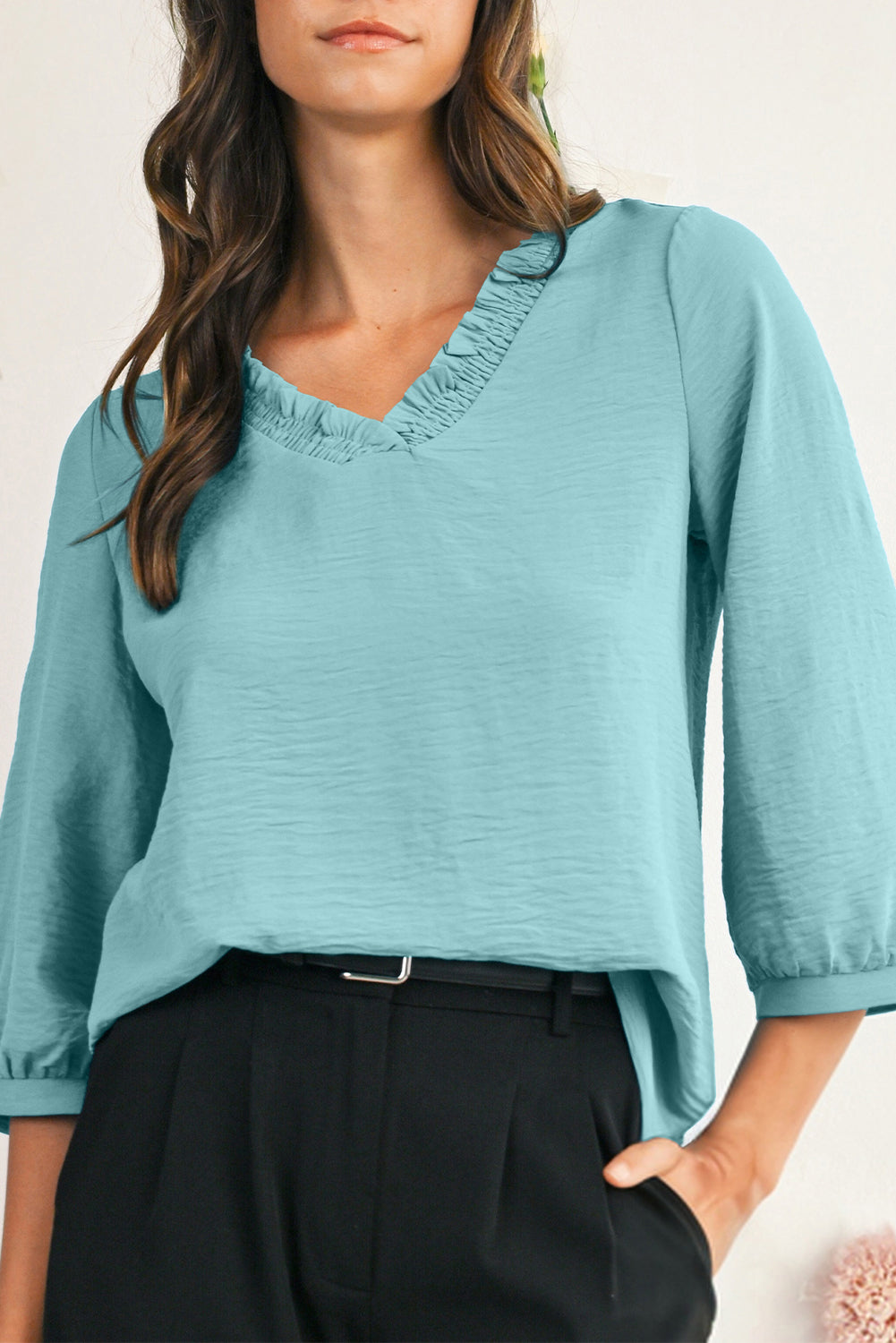Moonlight Jade Frill V Neckline Puff Sleeve Crinkled Blouse