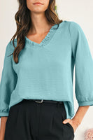 Moonlight Jade Frill V Neckline Puff Sleeve Crinkled Blouse