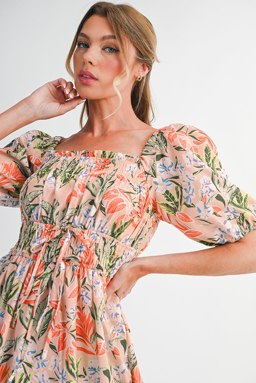 Apricot Pink Floral Knot Front Smocked Bubble Sleeve Dress