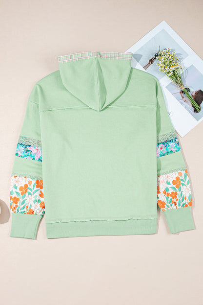 Clearly Aqua Lace Floral Patchwork Hooded Henley Top