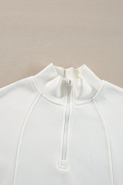 White Zipper Collared Drop Shoulder Plain Sweatshirt