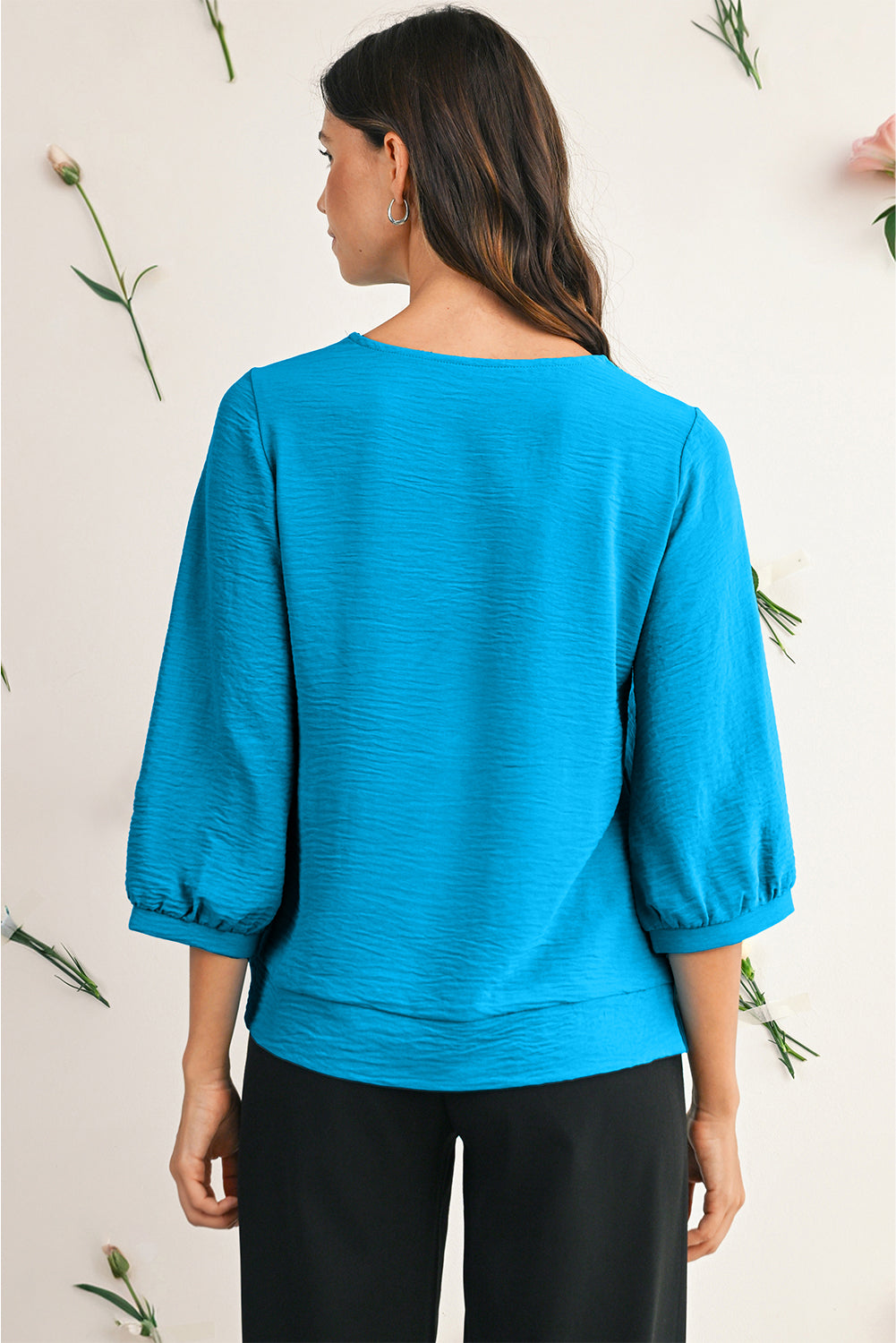 Sky Blue Frill V Neckline Puff Sleeve Crinkled Blouse