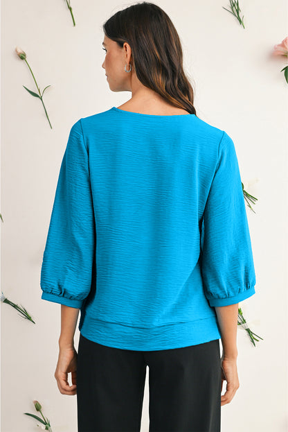 Sky Blue Frill V Neckline Puff Sleeve Crinkled Blouse
