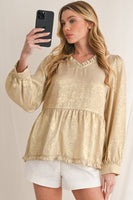 Gold Metallic Velvet Frill V Neck Puff Sleeve Babydoll Blouse