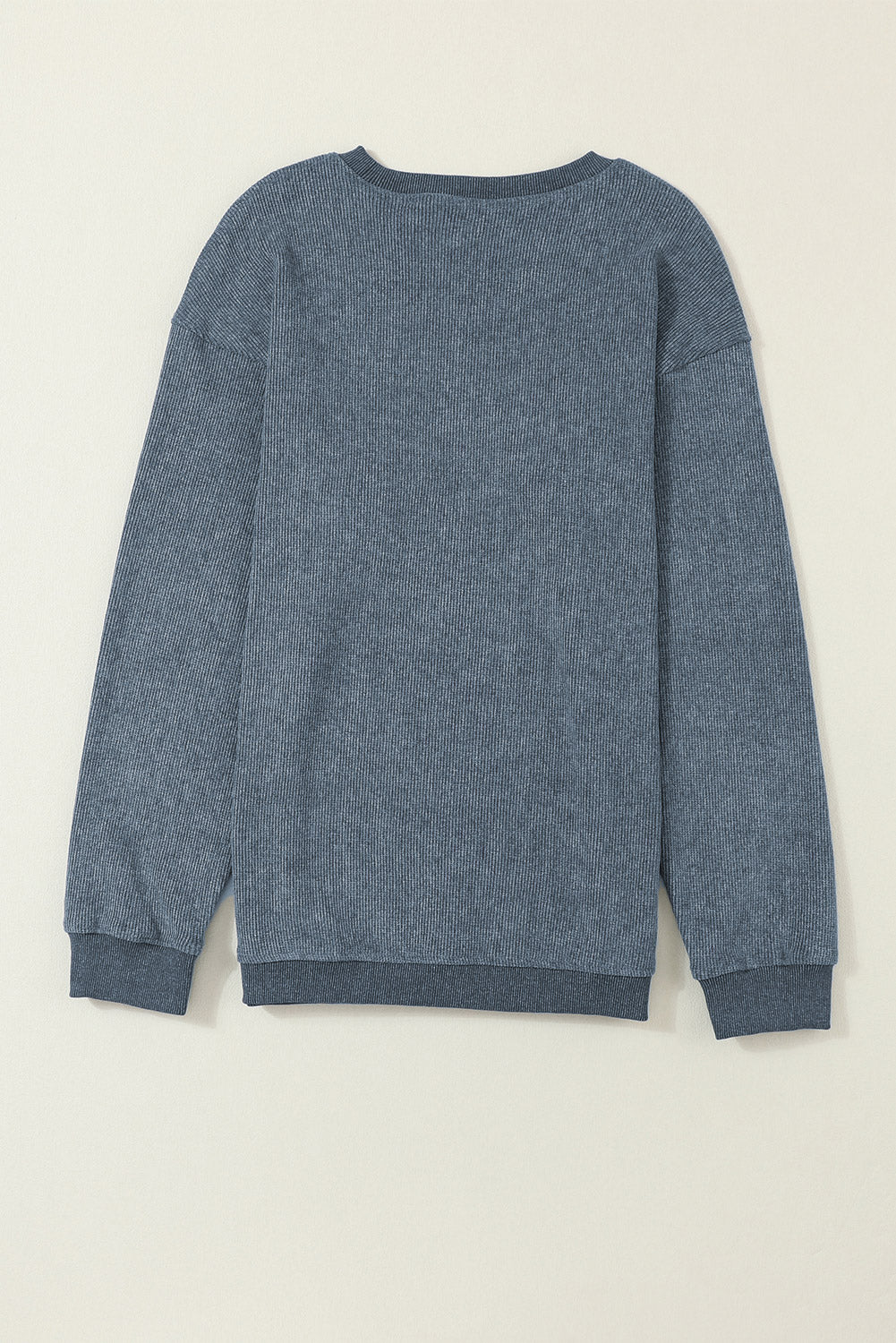 Blue Plain Solid Ribbed Knit Round Neck Pullover Sweatshirt
