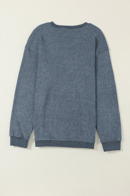 Blue Plain Solid Ribbed Knit Round Neck Pullover Sweatshirt