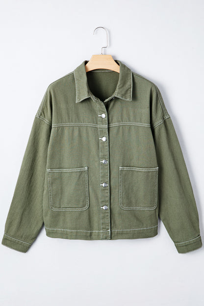 Smoke Green Pocket Collared Button Front Denim Jacket