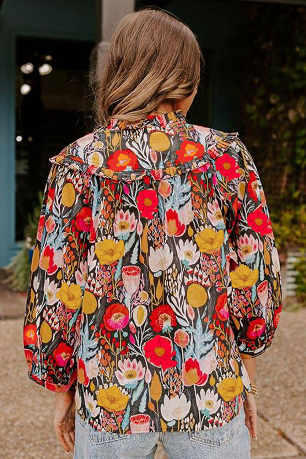 Black Floral Print 3/4 Puff Sleeve Frill Neck Blouse