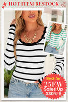 Black White Scalloped Edge Neck Striped Long Sleeve Sweater