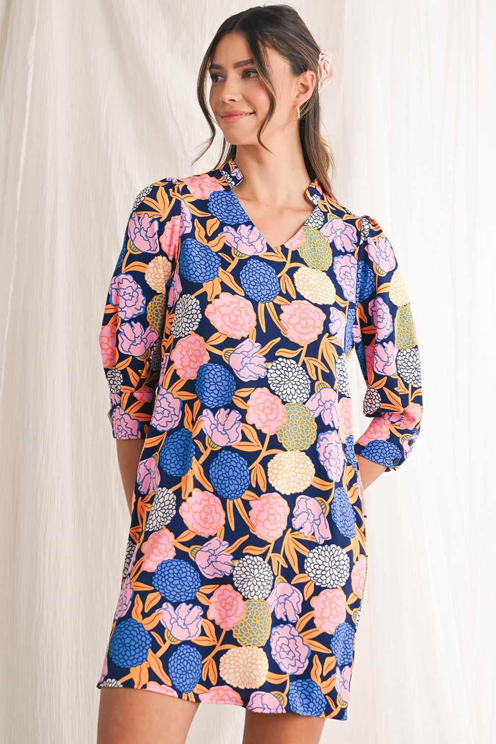 Navy Blue Hydrangea Floral V Neck Puff Sleeve Dress