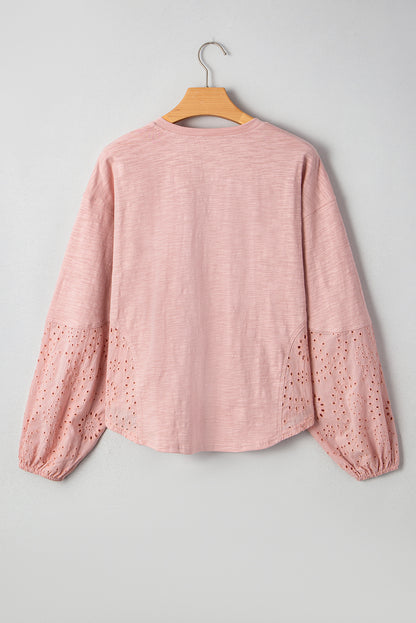 Light Pink Notch V Neck Batwing Sleeve Patchwork Blouse