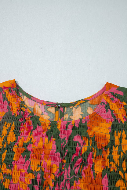 Orange Floral Puff Sleeve Smocked Bodice Frill Tiered Dress